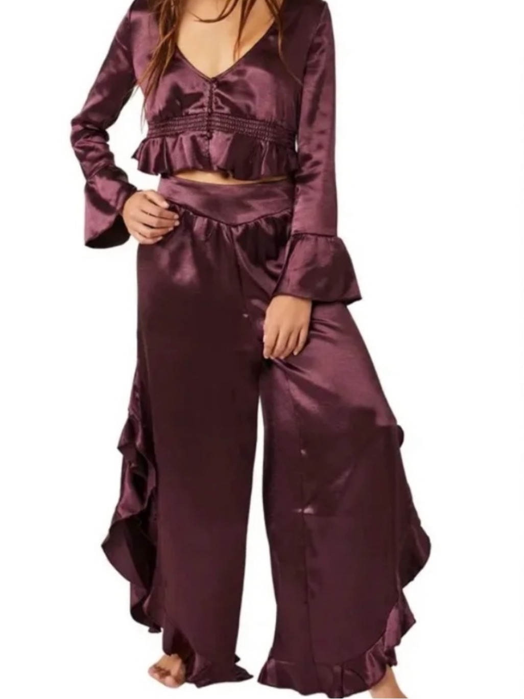 Free People Satin Ruffle Wide-Leg Jumpsuit Set In Plum